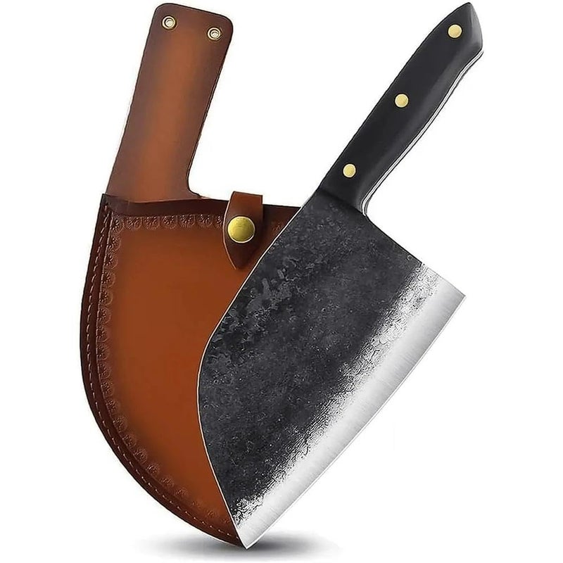 Freelander Serbian Chef Knife, Heavy Duty Handmade Forged Meat Cleaver for Meat Cutting, Full Tang High-Carbon Clad Steel Butcher Knife, Non-Slip Handle and Leather Sheath,Christmas Gifts for Men - Image 1